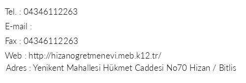 Bitlis Hizan retmenevi telefon numaralar, faks, e-mail, posta adresi ve iletiim bilgileri